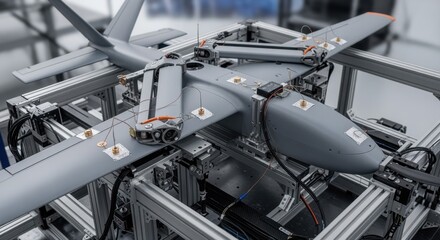 An experimental foldingwing UAV secured in endurance testing apparatus equipped with sensors tracking temperature and strain levels.