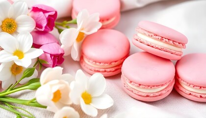 pink french macaroons or macarons cookies and a white flowers on a cloth background. Natural fruit and berry flavors, creamy stuffing for valentines mother day easter with love food