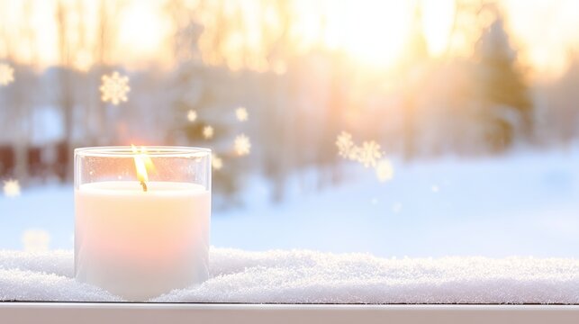 Candle glowing warmly on a snowy windowsill, surrounded by soft snowflakes, creating a cozy winter atmosphere with sunlight streaming through the trees in the background