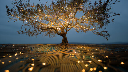 Tree with circuit-board branches rooted in digital ground at night. Ai gen.
