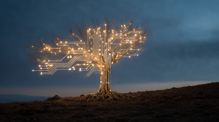 Tree with circuit-board branches rooted in digital ground at night. Ai gen.
