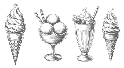Vintage ice cream sundae and dessert sketch. Retro style scooped ice cream and parfait glass illustration.
