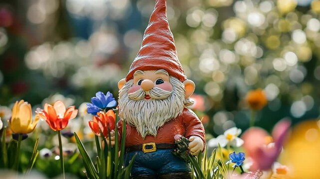 Smiling garden gnome figurine wearing a red hat and blue pants stands among tulips in a colorful flowerbed in springtime sunshine