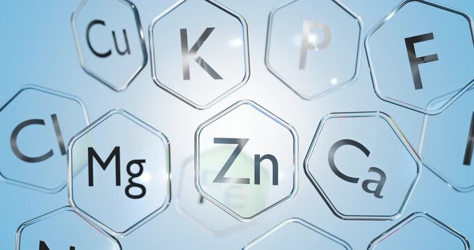 Moving symbols of minerals in space, strengthening elements and food supplements on a blue background, microelements 3D render
