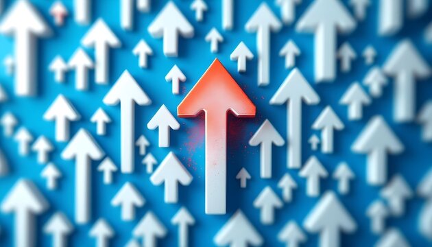 top view of rows vertical white arrows near red pointer on blue background