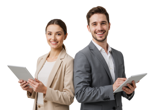 Professional Duo with Tablets – Confident, Collaborative, and Tech-Savvy