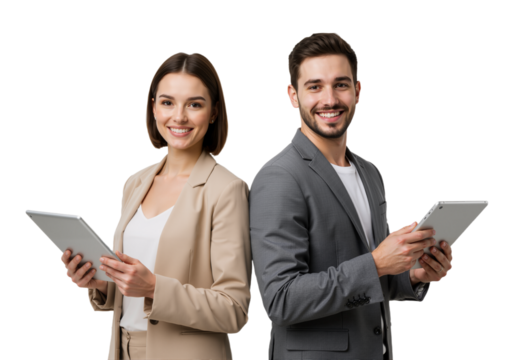 Professional Duo with Tablets – Confident, Collaborative, and Tech-Savvy