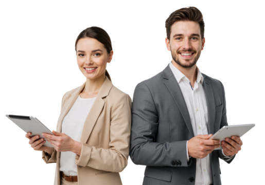 Professional Duo with Tablets – Confident, Collaborative, and Tech-Savvy