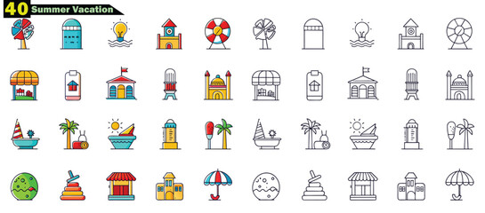 Fototapeta premium Colorful and Outline Summer Vacation Icons with Buildings and Beach Elements icon set