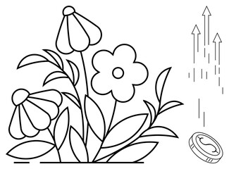Flowers with lush leaves alongside a rising coin and arrows symbolizing growth, prosperity, and financial success. Ideal for nature, economy, sustainability, wealth, progress, future and motivation