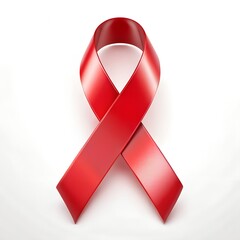 Closeup of a red ribbon symbolizing aids awareness and support, isolated on white background