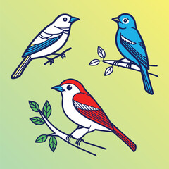 Three stylized birds white blue and red perched on branches vector illustration