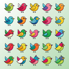 Twenty Small Colorful Cartoon Birds in a Grid Pattern illustration
