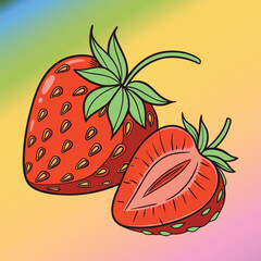 Two red strawberries one whole and one halved on a colorful gradient background strawberry
