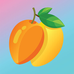 Two ripe yellow and orange peaches with green leaves on a pastel gradient background