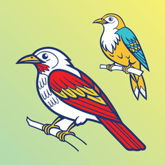 Two stylized birds red yellow blue white perched on branches vector illustration