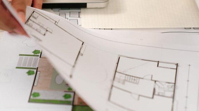 Professional engineer team discussion about house design on meeting table with architectural equipment and building blueprint scatter around at modern office. Focus on hand. Closeup. Delineation.
