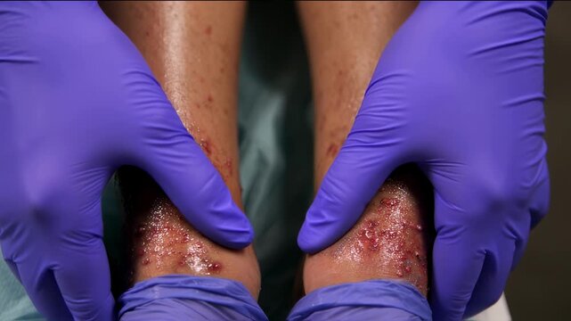 Footage highlighting rapid progression of hemorrhagic skin bullae on lower limbs in acute bacterial sepsis.