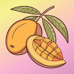 Whole and sliced mangoes with leaves on a gradient background fruit tropical