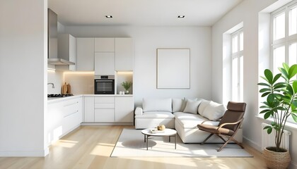 Fototapeta premium Modern apartment with white walls and light wooden floor