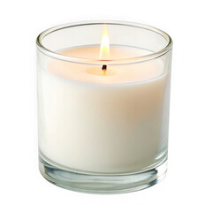 Lit scented candle in a clear glass jar isolated on transparent background
