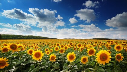 Obraz premium sunny sunflower field under a cloudy blue sky