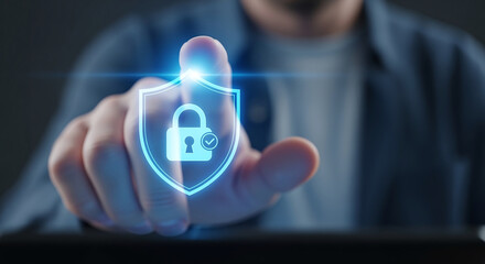 Businessman touching on virtual screen key lock for secure access, multi factor authentication, digital lock icon, cyber security interface. Showcases modern technology for access authentication