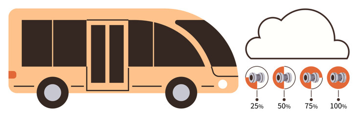 Electric bus next to a cloud-shaped icon and volume-thumbs up percentage icons. Ideal for sustainability, transport innovation, smart cities, green tech, IoT, energy savings, simple flat metaphor