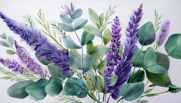 lavender and eucalyptus watercolor botanical study