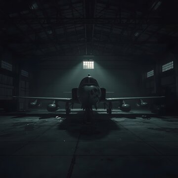 An old fighter jet resting in an abandoned hangar at night, surrounded by dust and broken glass, with moonlight casting dramatic shadows across the relic of a forgotten era.