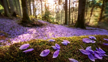 violet petals fall softly onto a moss covered forest floor