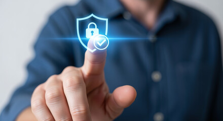 Businessman touching on virtual screen key lock for secure access, multi factor authentication, digital lock icon, cyber security interface. Showcases modern technology for access authentication