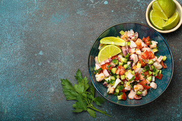 Fresh and vibrant peruvian seafood ceviche with shrimps, octopus, tomatoes, cucumber and parsley, served with lime in a bowl on a stone background from above, dish of Peru. Copy space