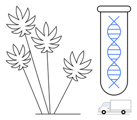 Hemp plants alongside DNA strand in test tube and truck, representing biotech innovation, genetic research, sustainable farming, logistics, agriculture, eco-business, and science technology. Ideal