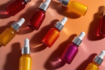 Vibrant dropper bottles on gradiented orange surface with shadows