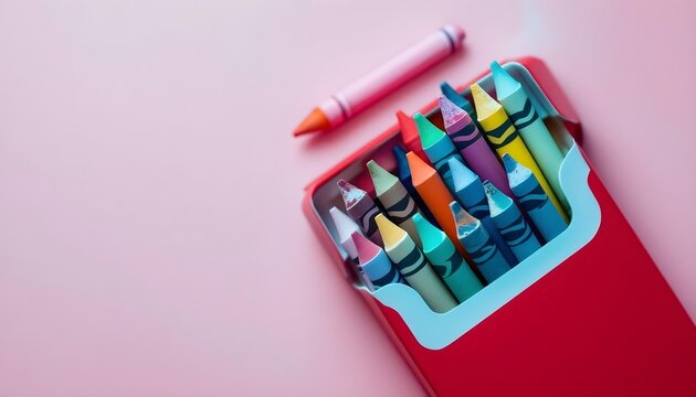 top view of multicolored crayons in red cigarette pack on pink with copy space, smoking concept