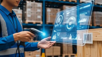 Warehouse worker uses AI inventory management - Powered by Adobe