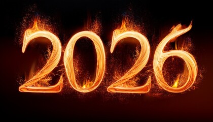 flaming numbers 2026 glowing in fire against a black background