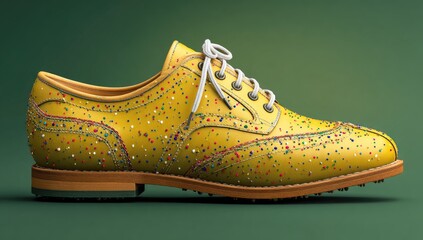 Bright yellow golf shoe, detailed with colorful sprinkles