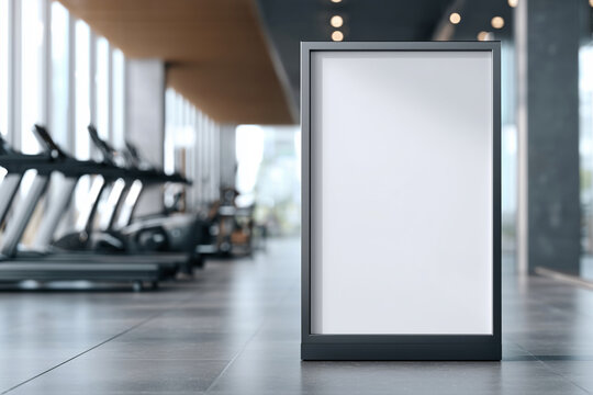 Blank illuminated billboard mockup placed in a contemporary gym interior with treadmills and large windows - Powered by Adobe