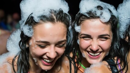 Joyful foam party celebration with friends under night lights
