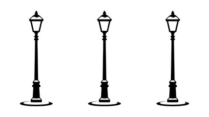 Three black silhouette street lamps.
