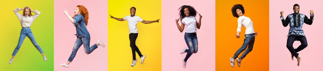 A diverse group of individuals, showcasing multiracial backgrounds, joyfully leaping against...