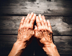 An elderly person's hands resting on a wooden table
