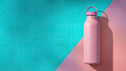 Pastel pink water bottle on a teal and peach background