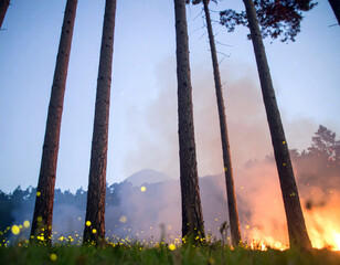A forest with a fire in the background