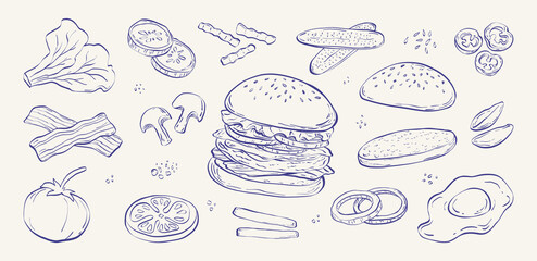 Burger menu vintage template. Hand drawn fast food sketches of a hamburger ingredients. Doodle style icons for menu design, banners, packaging. Vector illustration