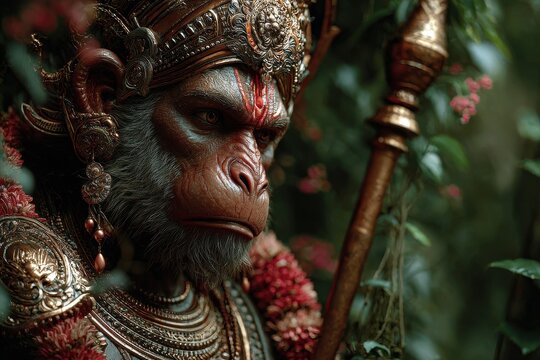 Noble Hanuman in forest holds mace, adorned with ancient jewellery, reflecting divine strength
