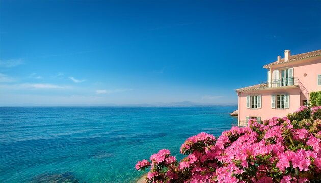 a serene seafront scene with blooming azalea flowers featuring a pastel pink villa overlooking the calm turquoise waters of the french riviera under a clear blue sky