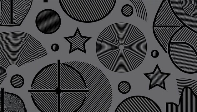a pattern of black geometric shapes including circles stars and zig zag lines